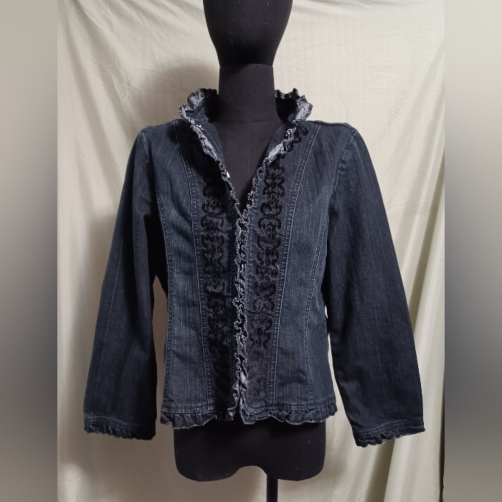 Petite Sophisticate Blue Denim Ruffle-Trim Jean Jacket Velvet Detail Design - Picture 12 of 14